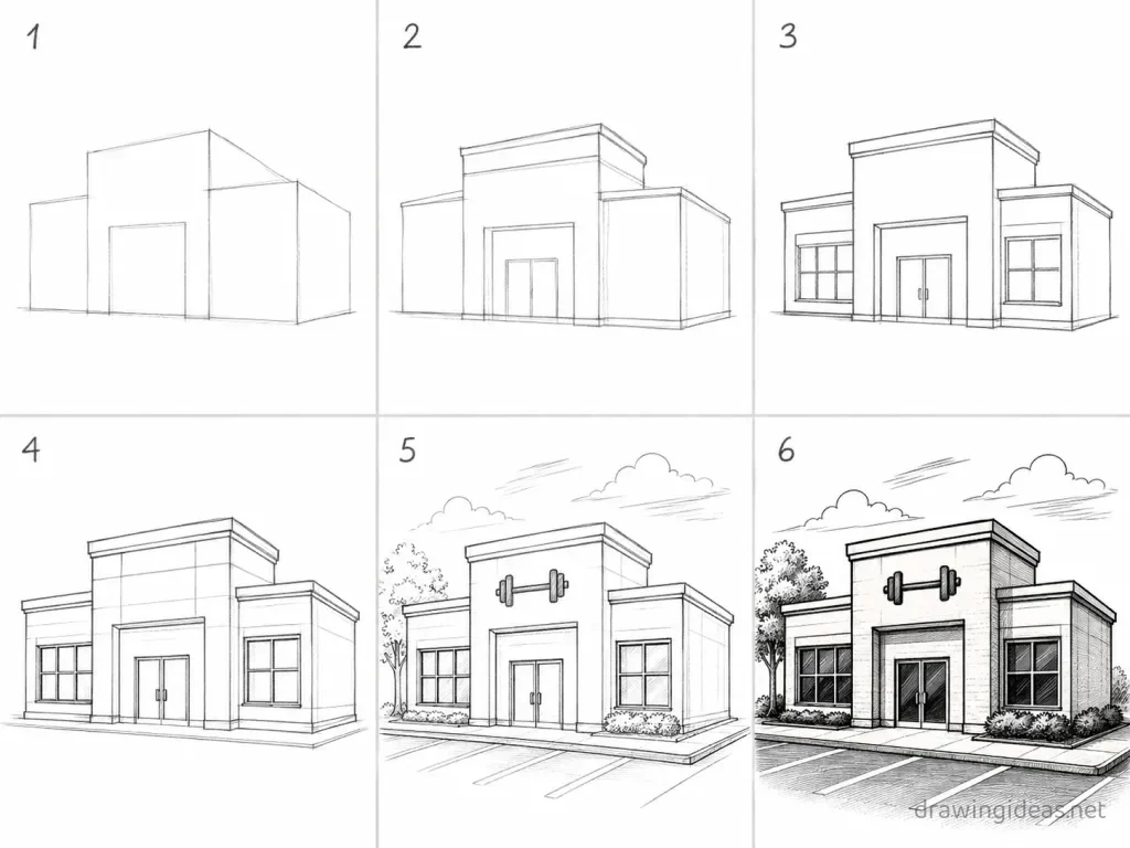How to draw a gym step by step — 6-step gym drawing tutorial grid