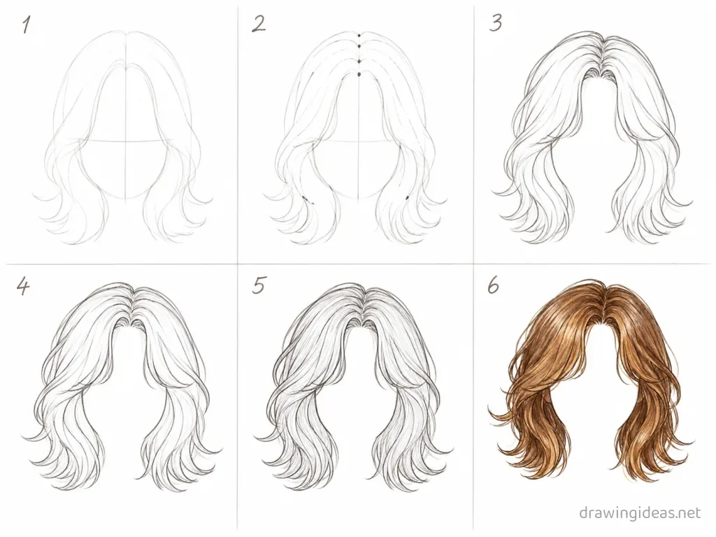 How to draw hair step by step — 6-step hair drawing tutorial grid
