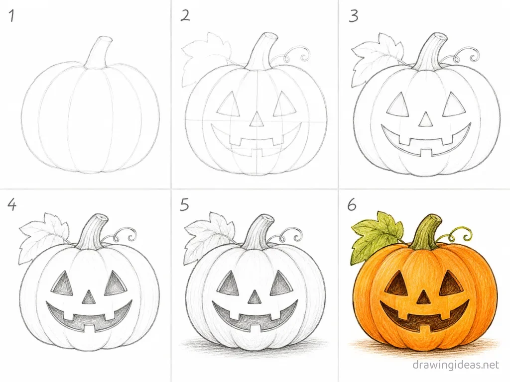 How to draw Halloween step by step — 6-step Halloween drawing tutorial grid