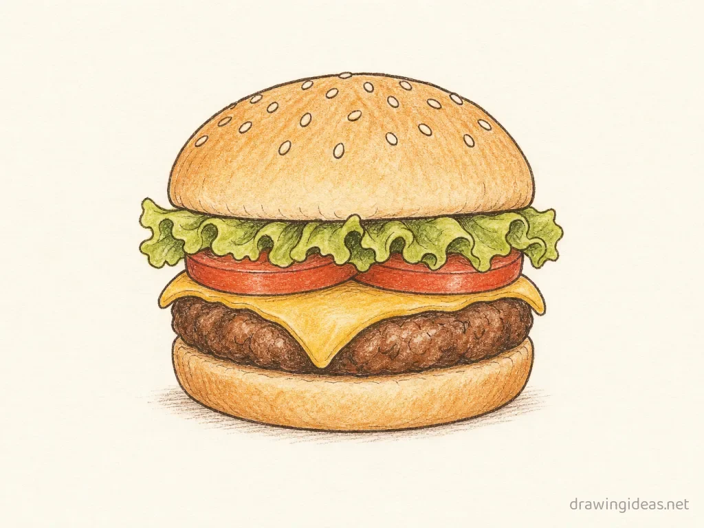 Hamburger drawing — hand-drawn hamburger illustration with ink lines and soft colors