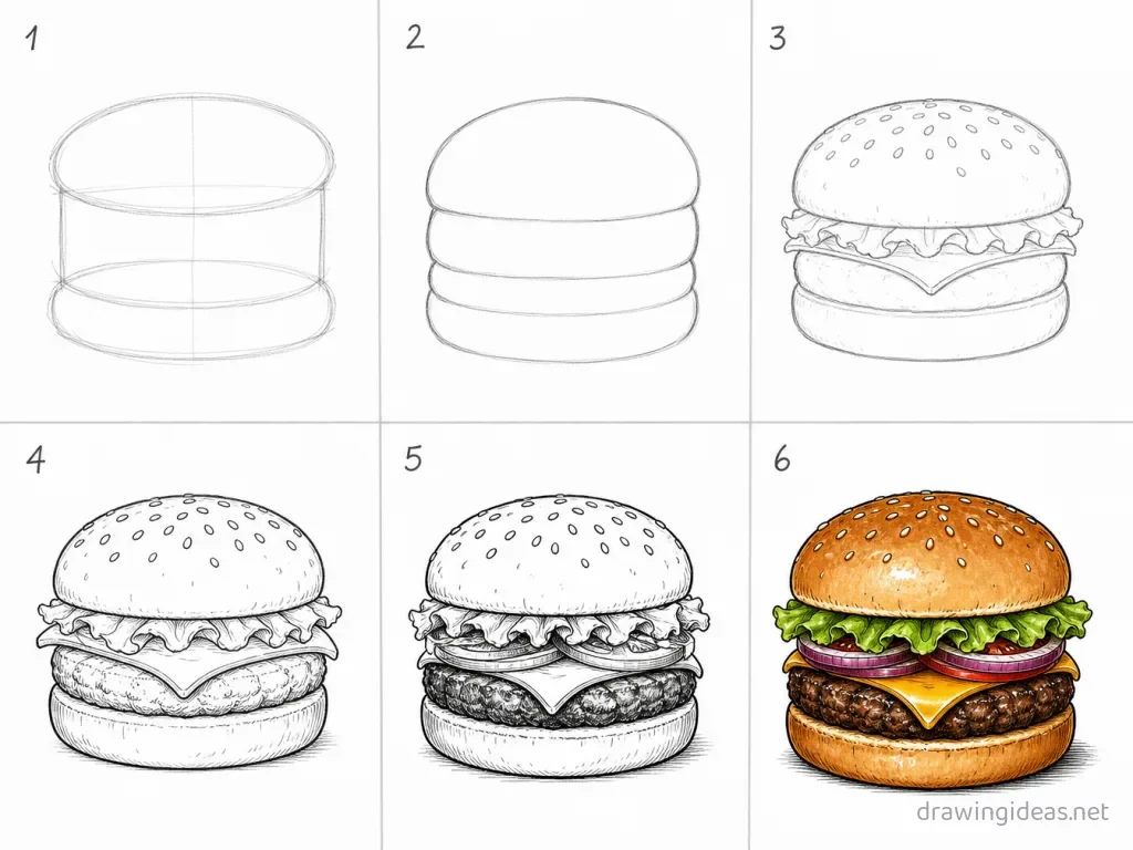 How to draw a hamburger step by step — 6-step hamburger drawing tutorial grid