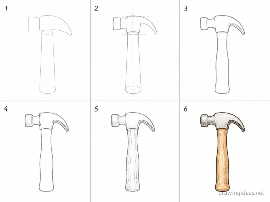 How to draw a hammer step by step — 6-step hammer drawing tutorial grid