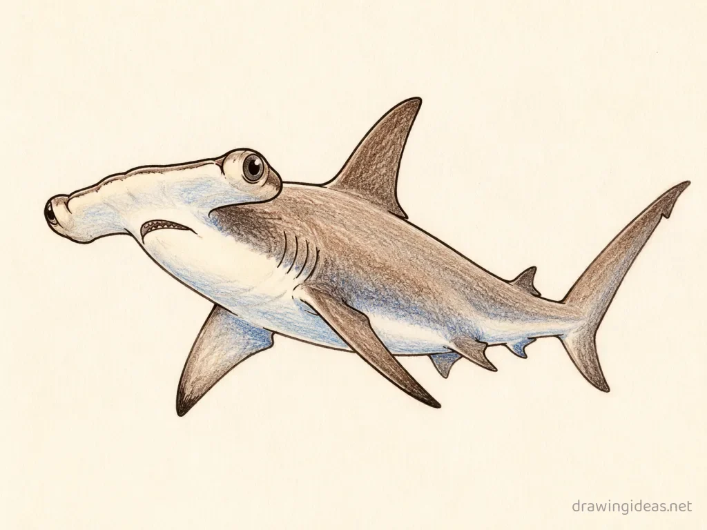 Hammerhead Shark drawing — hand-drawn hammerhead shark illustration with ink lines and soft colors