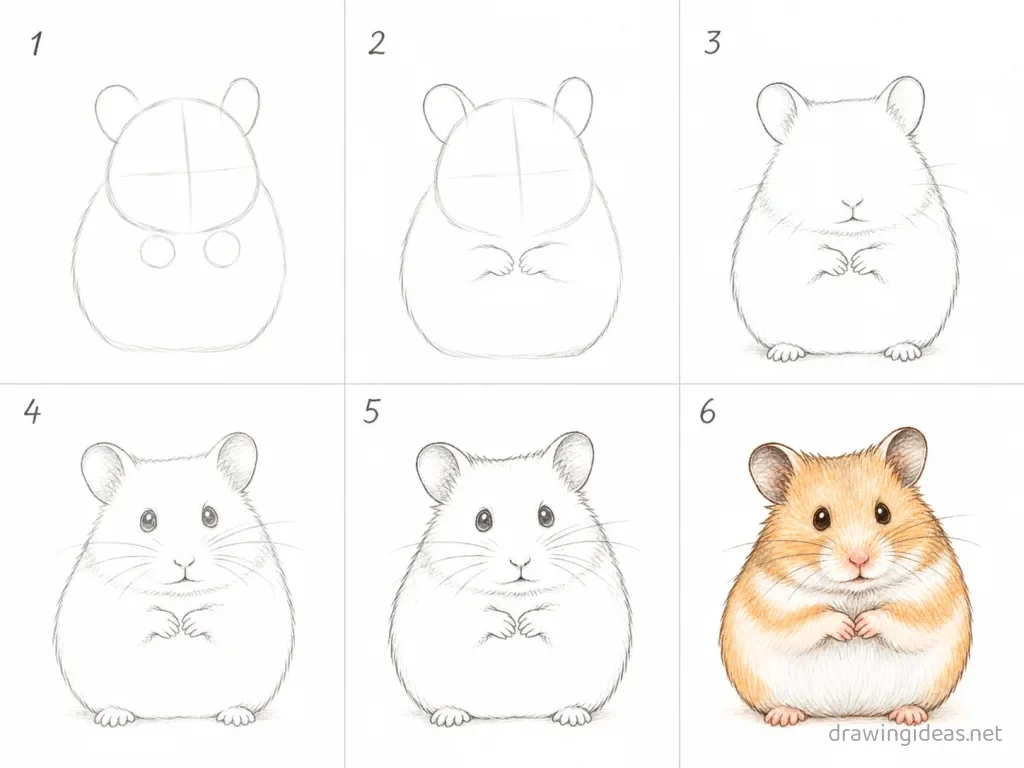 How to draw a hamster step by step — 6-step hamster drawing tutorial grid
