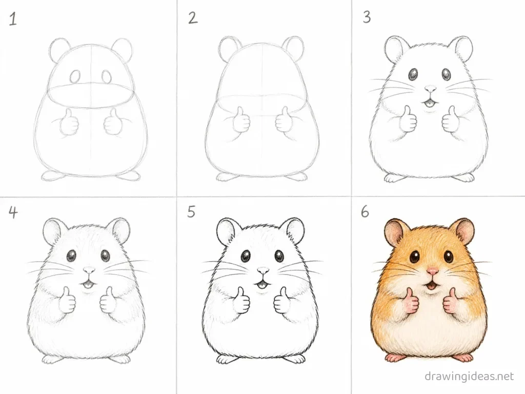How to draw a hamster meme step by step — 6-step hamster meme drawing tutorial grid
