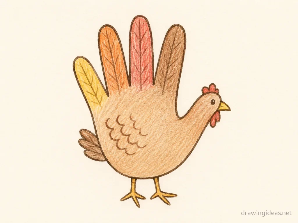 Hand Turkey drawing — hand-drawn hand turkey illustration with ink lines and soft colors