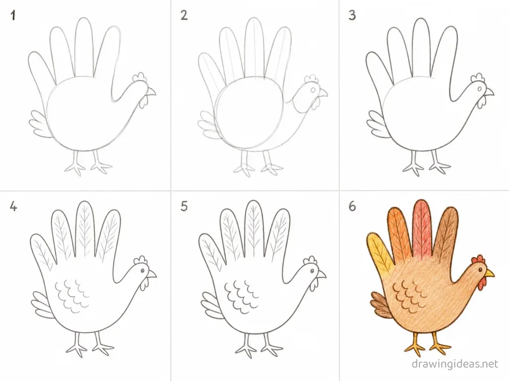 How to draw a hand turkey step by step — 6-step hand turkey drawing tutorial grid