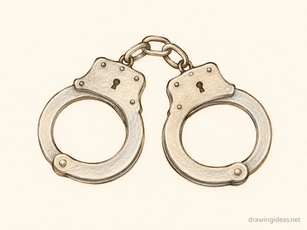 Handcuffs drawing — hand-drawn handcuffs illustration with ink lines and soft colors