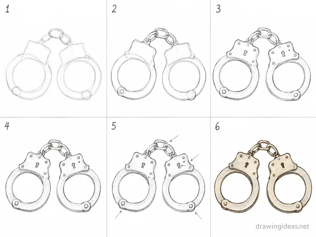 How to draw handcuffs step by step — 6-step handcuffs drawing tutorial grid