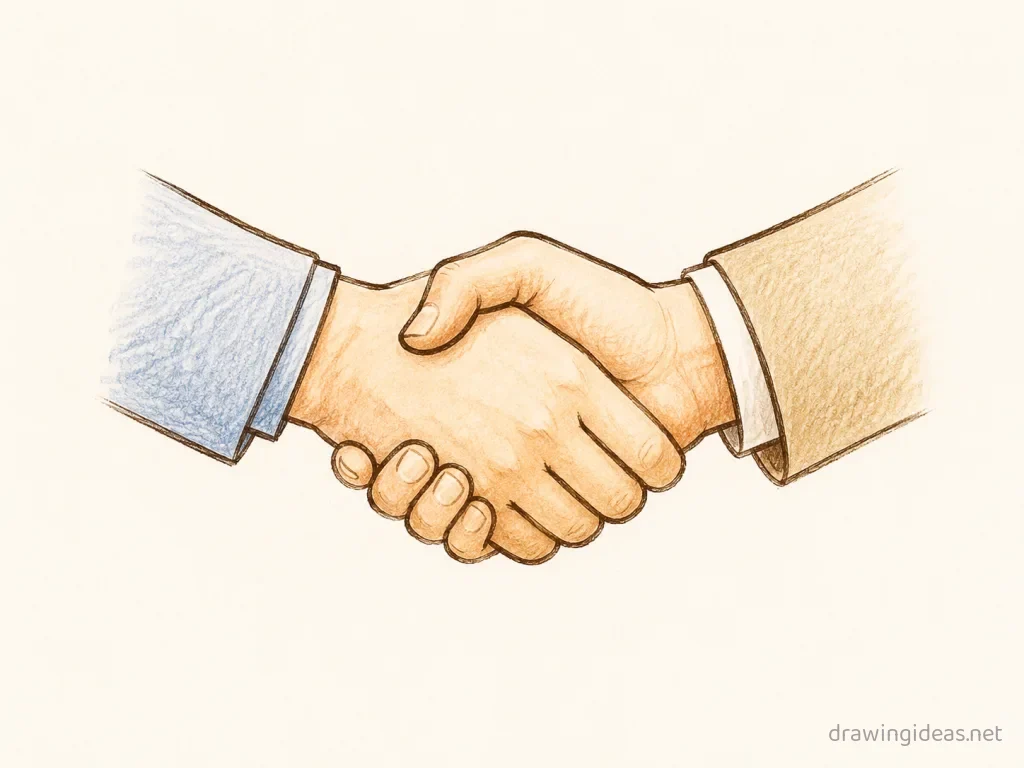 Handshake drawing — hand-drawn handshake illustration with ink lines and soft colors
