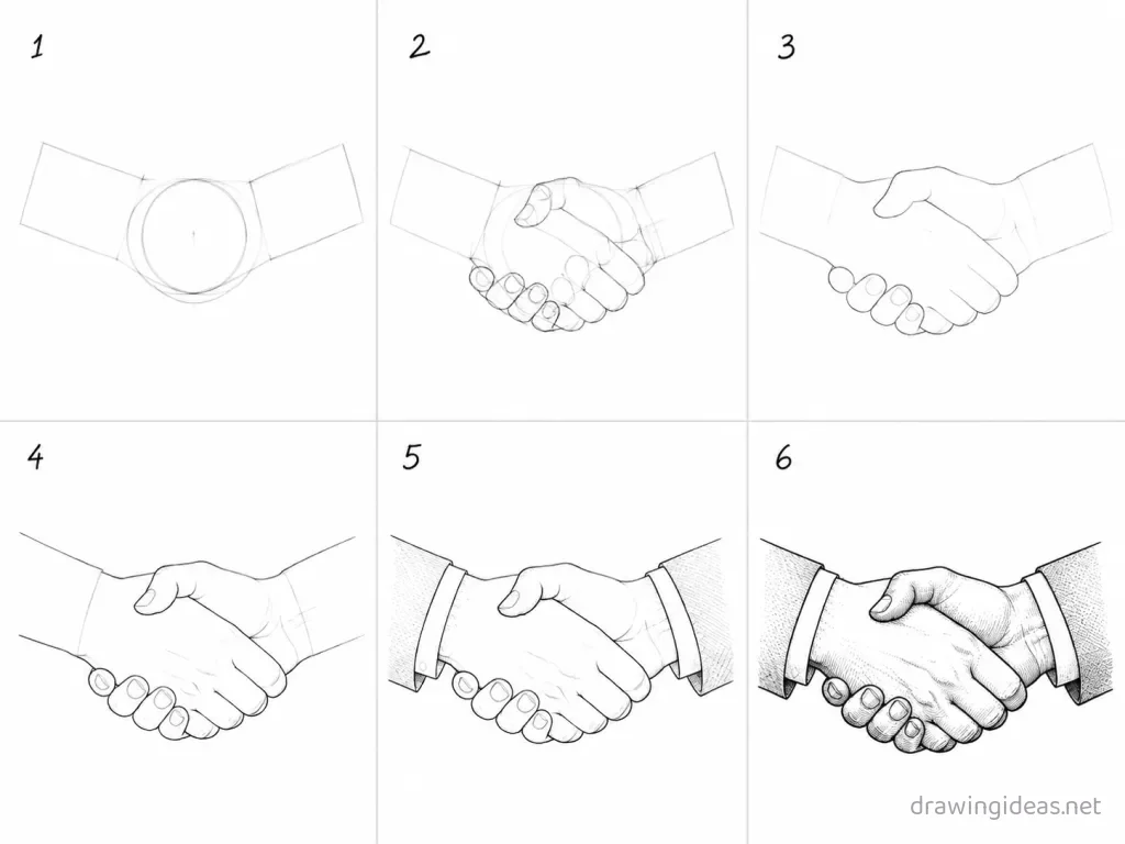 How to draw a handshake step by step — 6-step handshake drawing tutorial grid