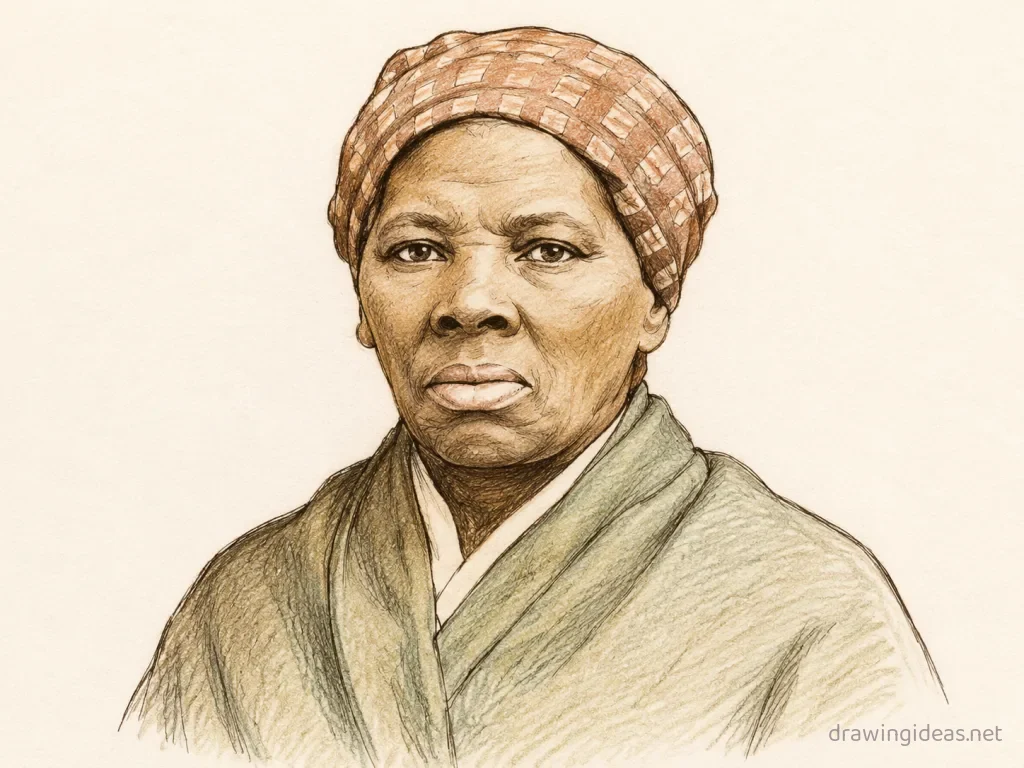 Harriet Tubman drawing — hand-drawn Harriet Tubman illustration with ink lines and soft colors