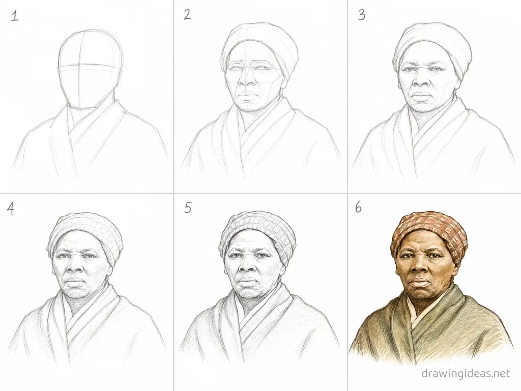 How to draw Harriet Tubman step by step — 6-step Harriet Tubman drawing tutorial grid