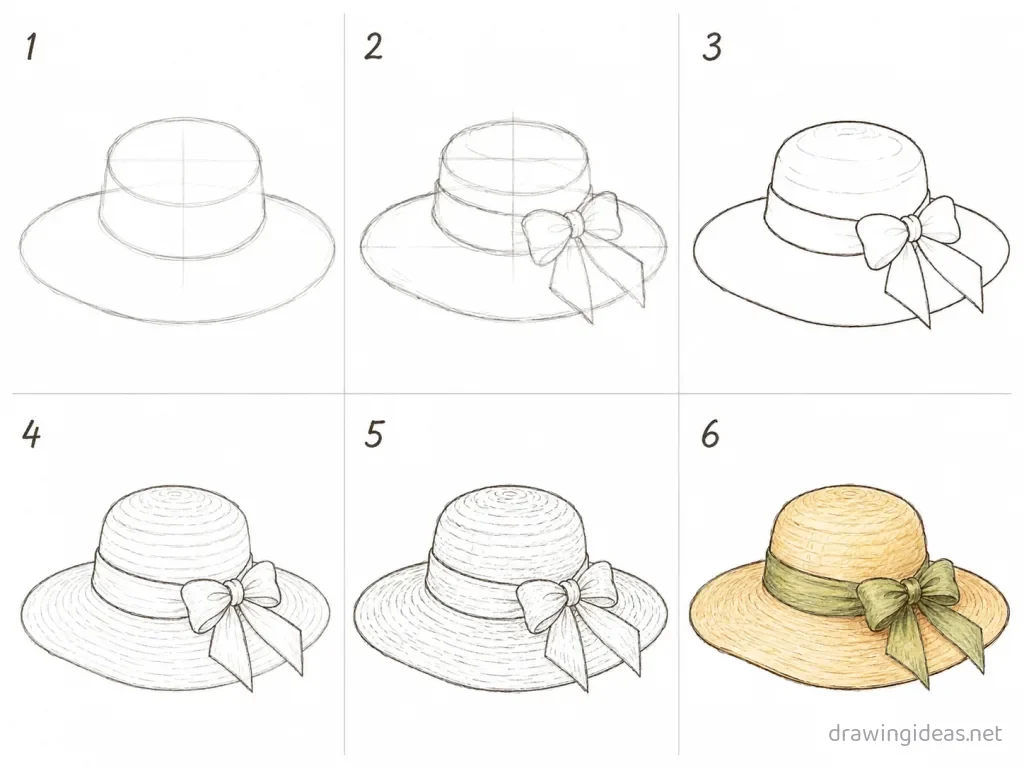 How to draw a hat step by step — 6-step hat drawing tutorial grid