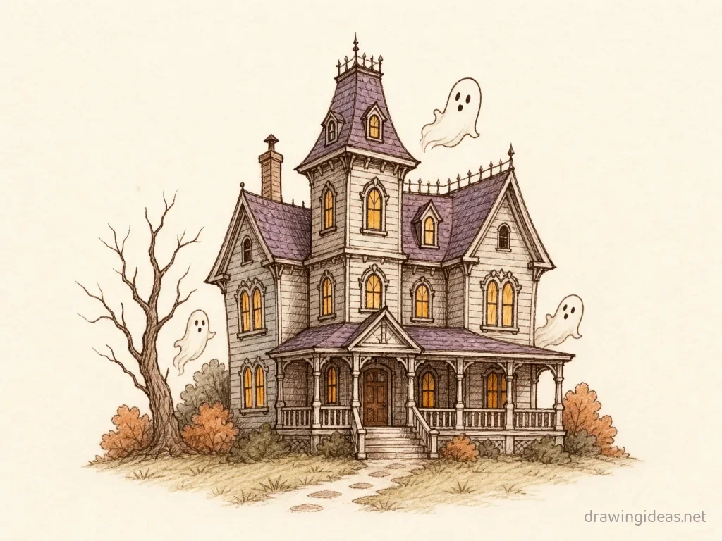 Haunted House drawing — hand-drawn haunted house illustration with ink lines and soft colors