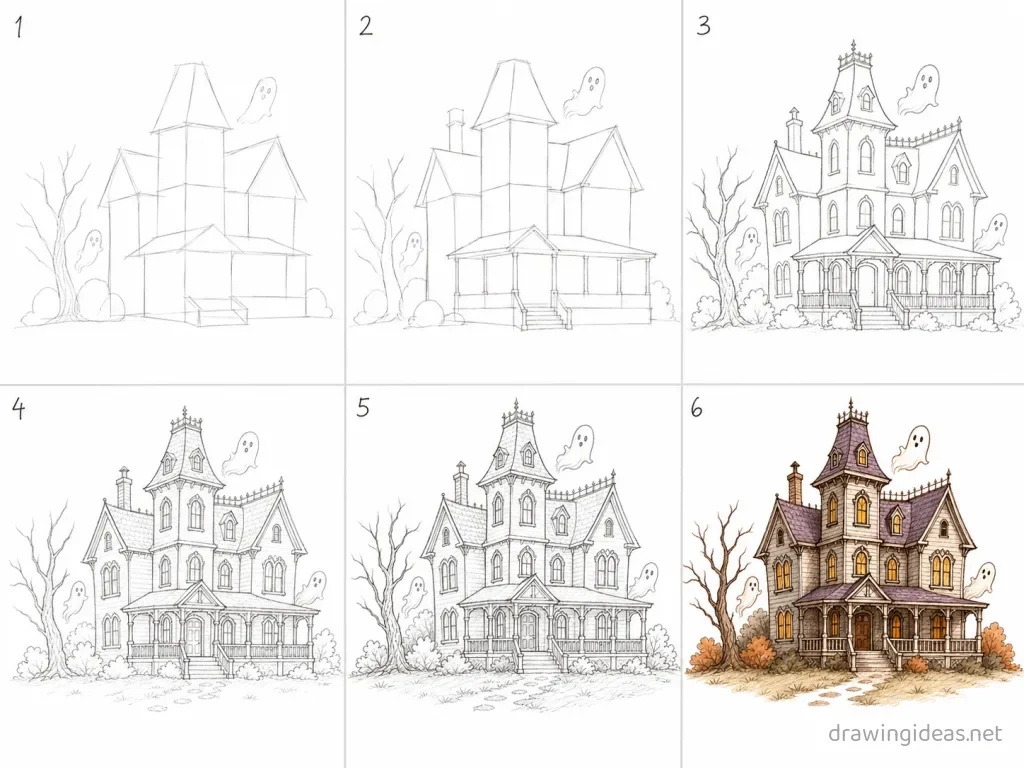 How to draw a haunted house step by step — 6-step haunted house drawing tutorial grid