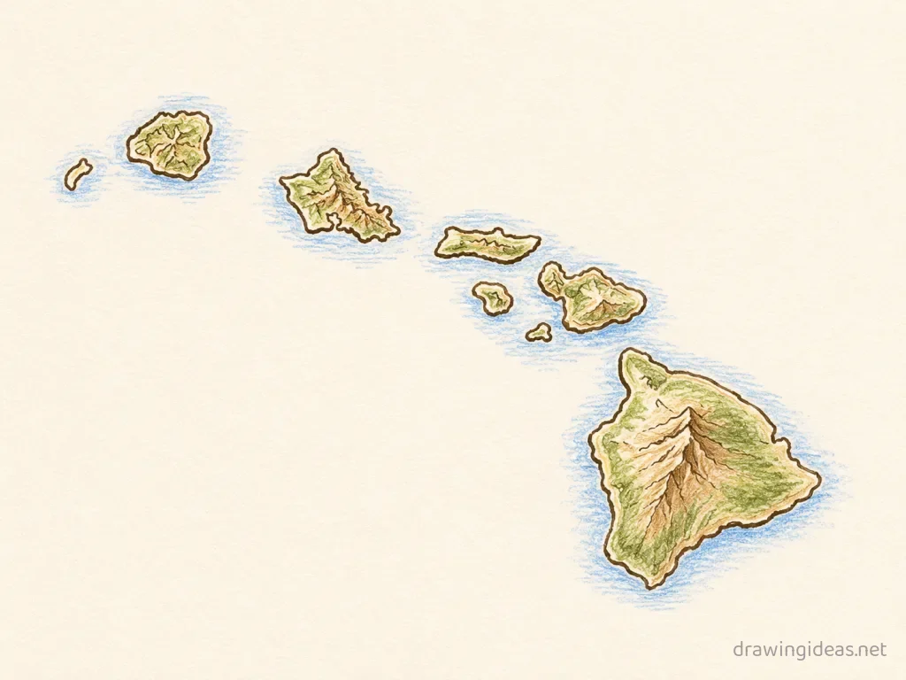 Hawaii drawing — hand-drawn Hawaii illustration with ink lines and soft colors
