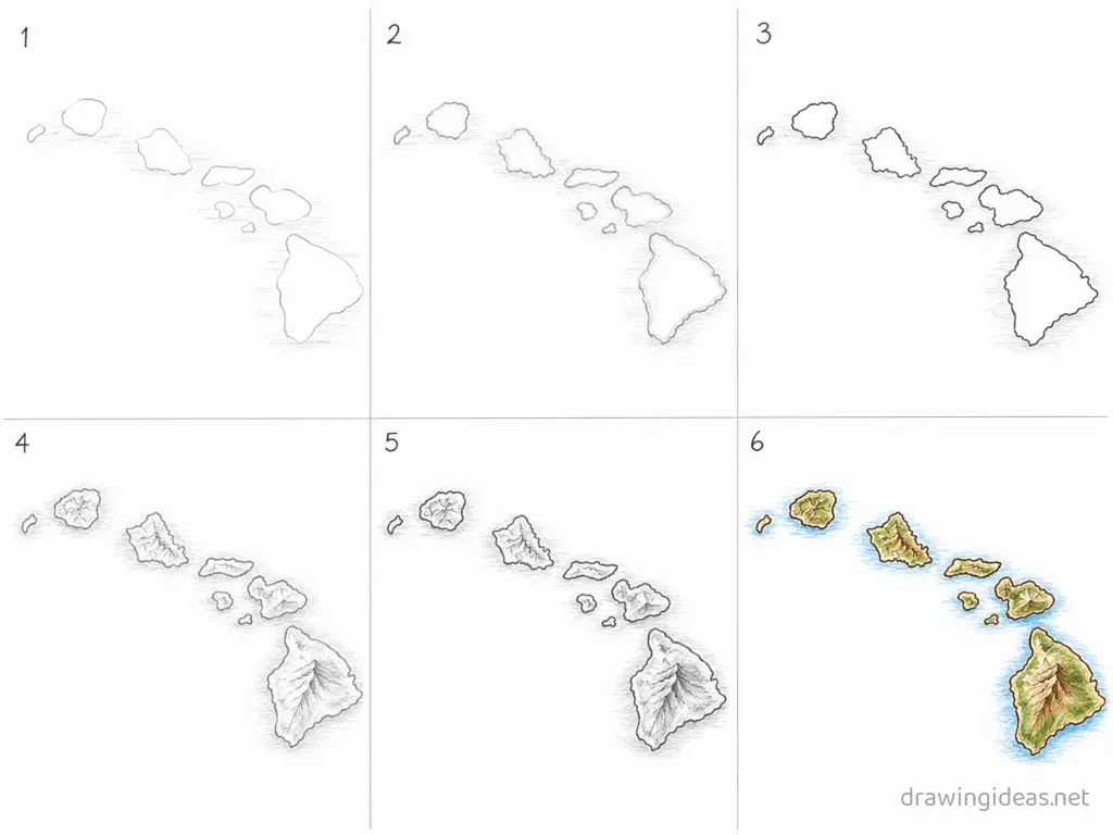 How to draw Hawaii step by step — 6-step Hawaii drawing tutorial grid