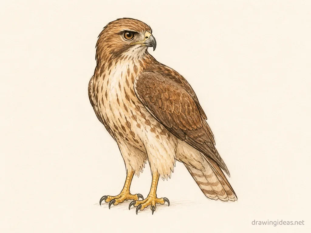 Hawk drawing — hand-drawn hawk illustration with ink lines and soft colors