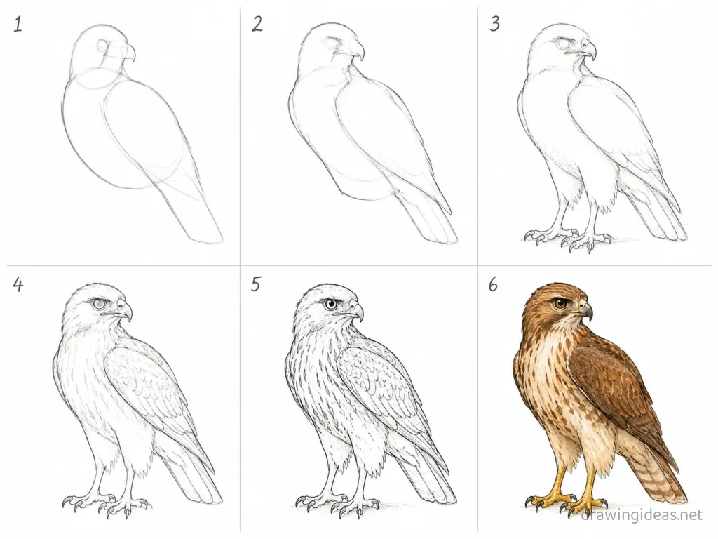 How to draw a hawk step by step — 6-step hawk drawing tutorial grid