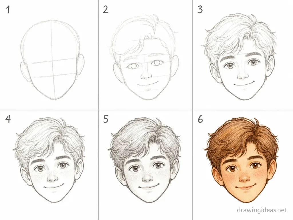 How to draw a head step by step — 6-step head drawing tutorial grid