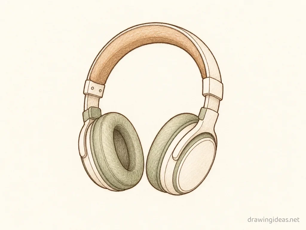 Headphones drawing — hand-drawn headphones illustration with ink lines and soft colors