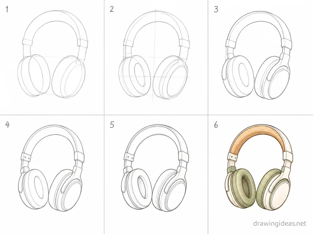 How to draw headphones step by step — 6-step headphones drawing tutorial grid