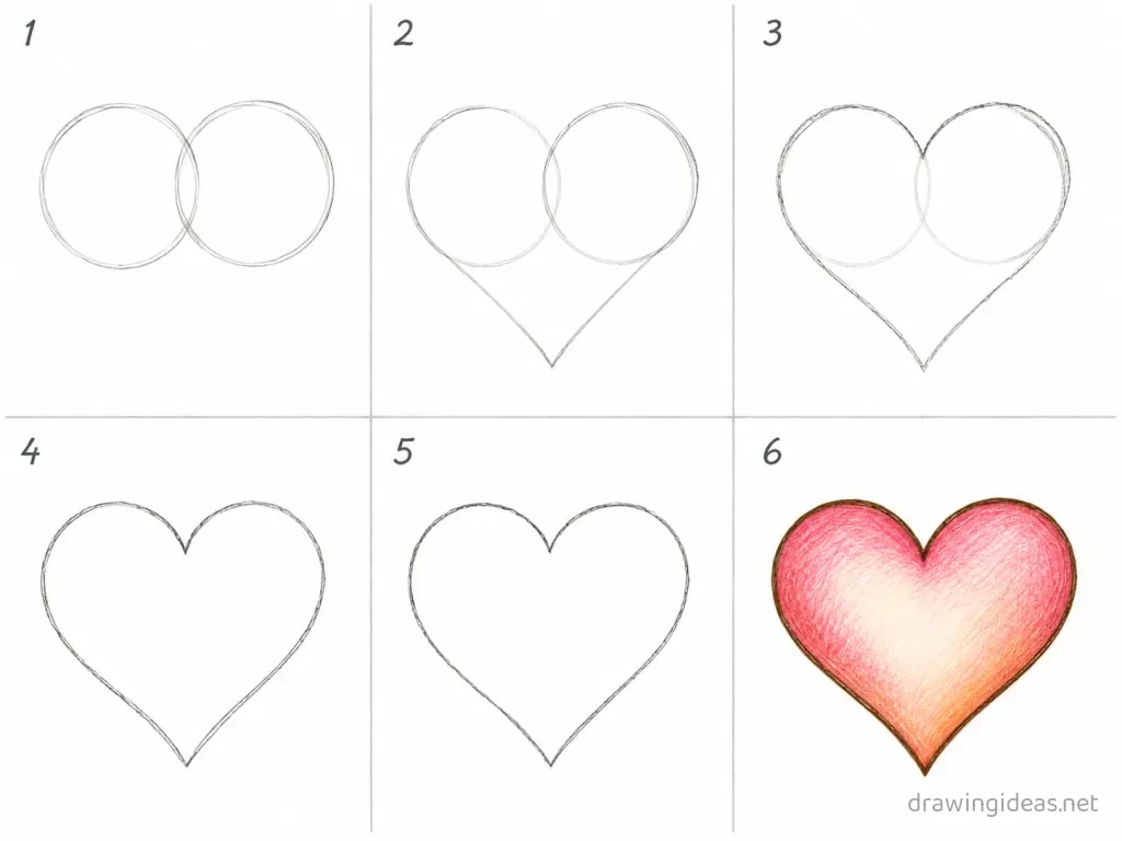 How to draw a heart step by step — 6-step heart drawing tutorial grid
