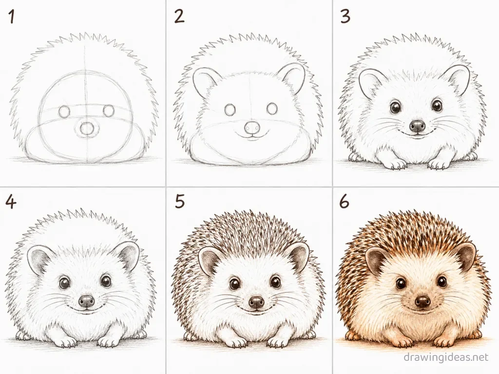 How to draw a hedgehog step by step — 6-step hedgehog drawing tutorial grid