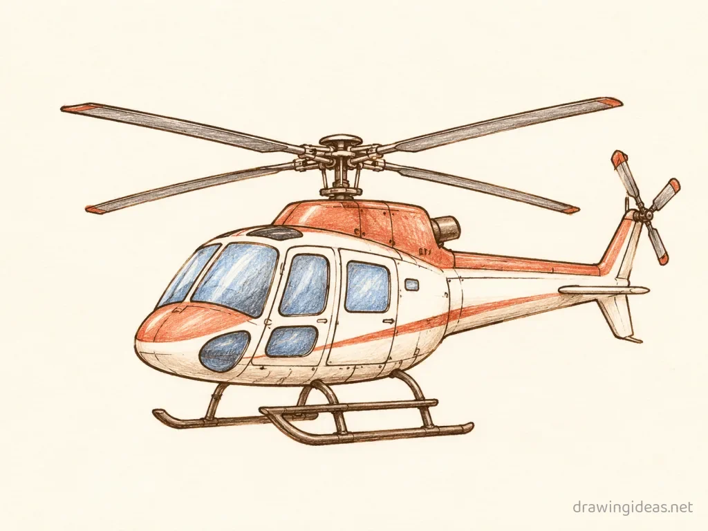 Helicopter drawing ā hand-drawn helicopter illustration with ink lines and soft colors