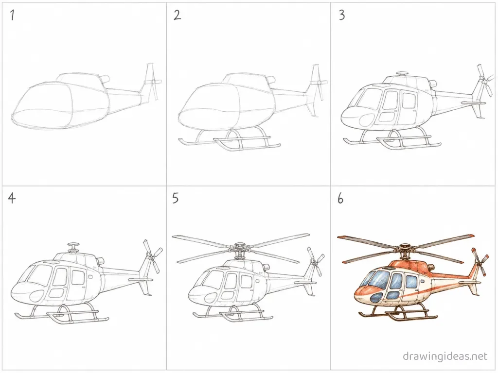 How to draw a helicopter step by step — 6-step helicopter drawing tutorial grid