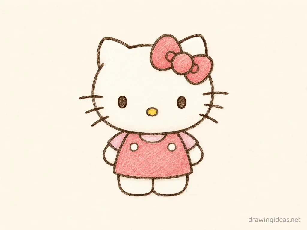 Hello Kitty drawing — hand-drawn Hello Kitty illustration with ink lines and soft colors