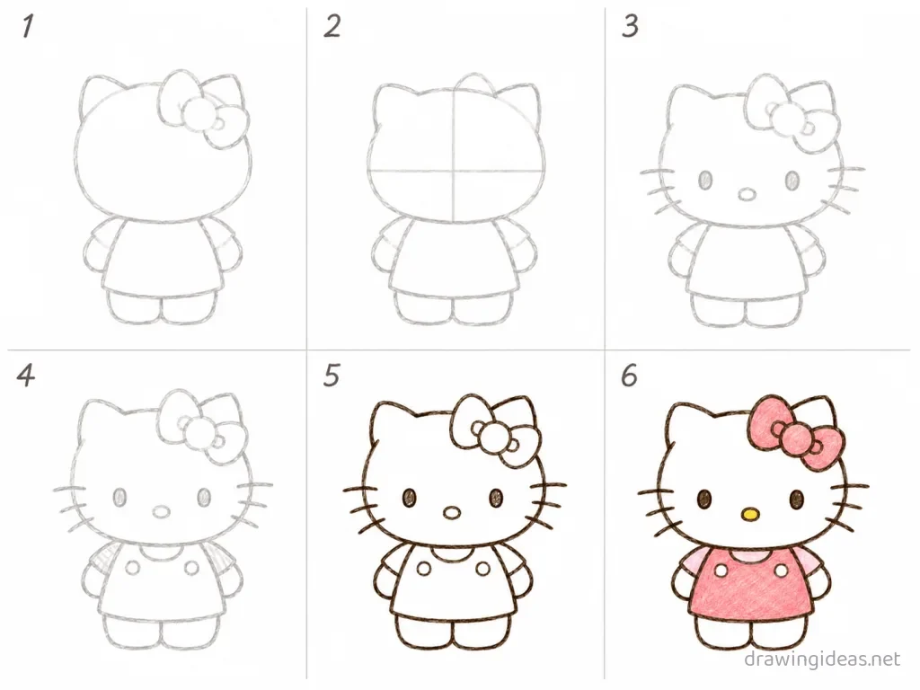 How to draw Hello Kitty step by step — 6-step Hello Kitty drawing tutorial grid