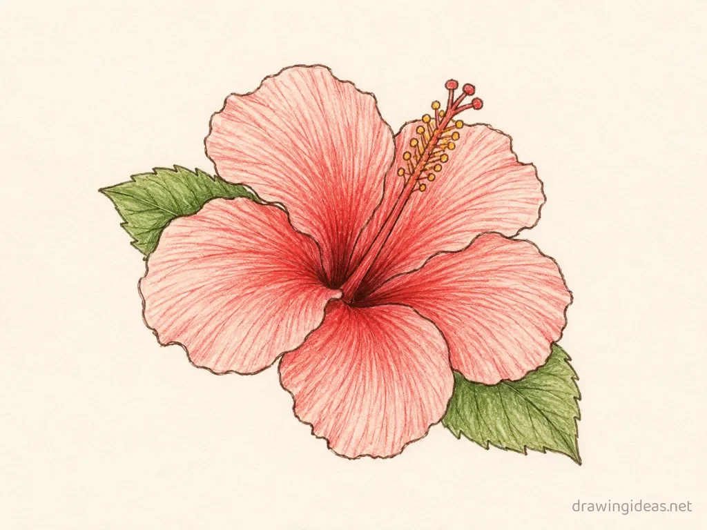 Hibiscus drawing — hand-drawn hibiscus illustration with ink lines and soft colors