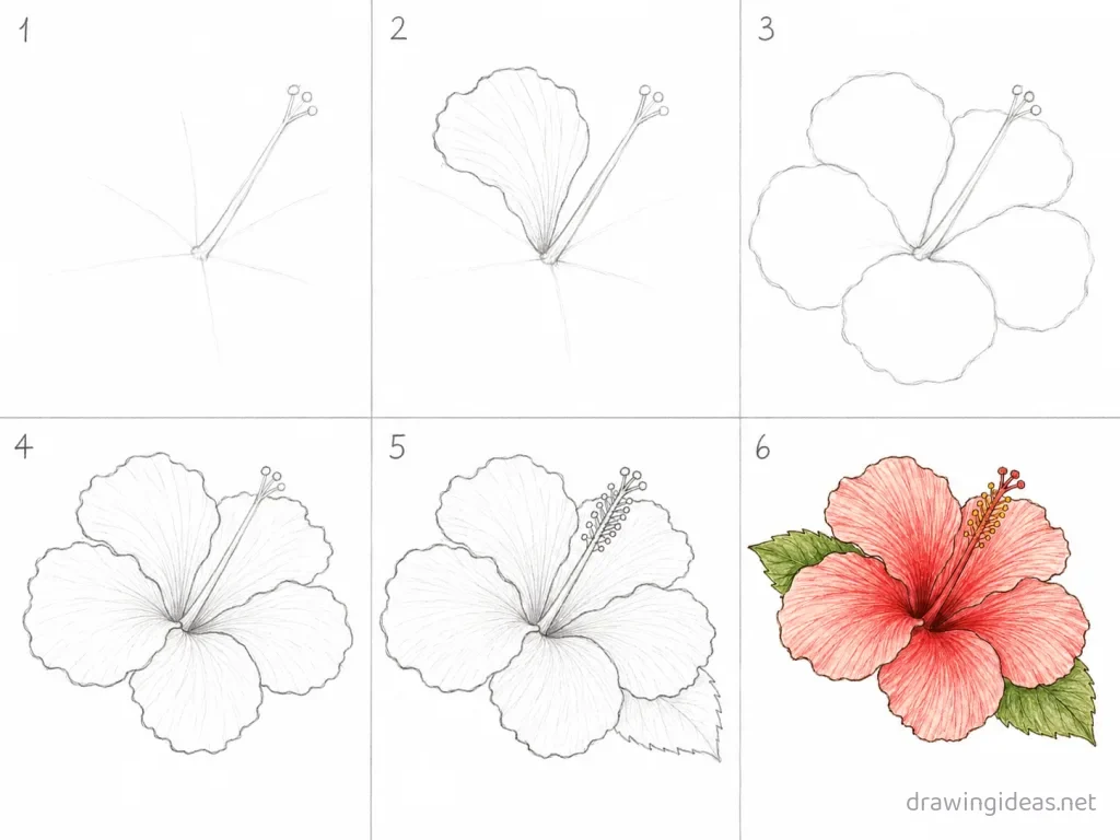 How to draw a hibiscus step by step — 6-step hibiscus drawing tutorial grid