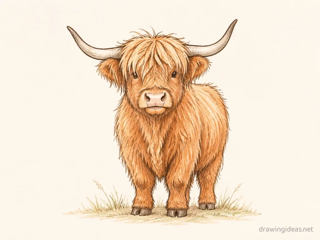 Highland Cow drawing — hand-drawn highland cow illustration with ink lines and soft colors
