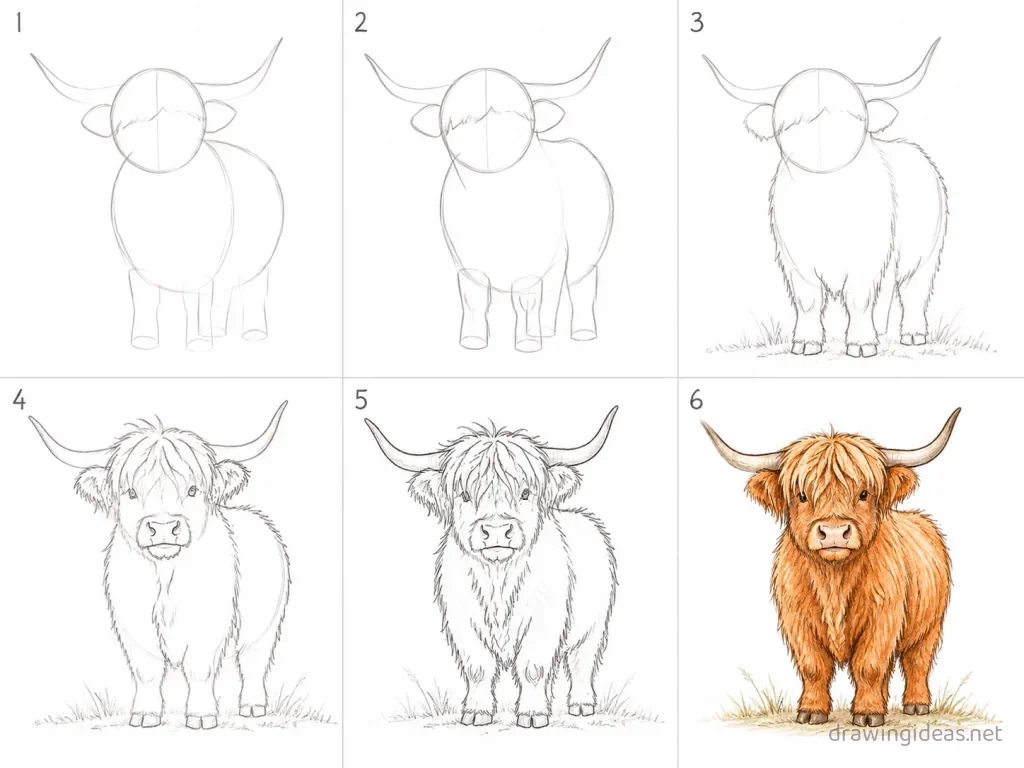 How to draw a highland cow step by step — 6-step highland cow drawing tutorial grid