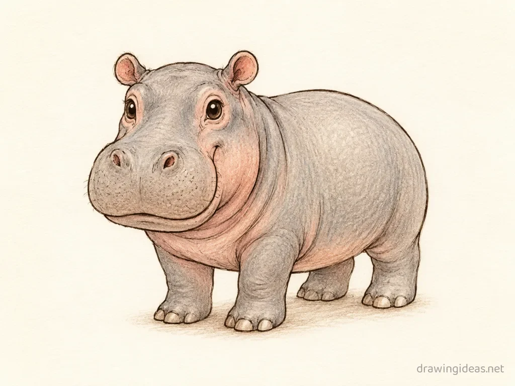 Hippo drawing — hand-drawn hippo illustration with ink lines and soft colors