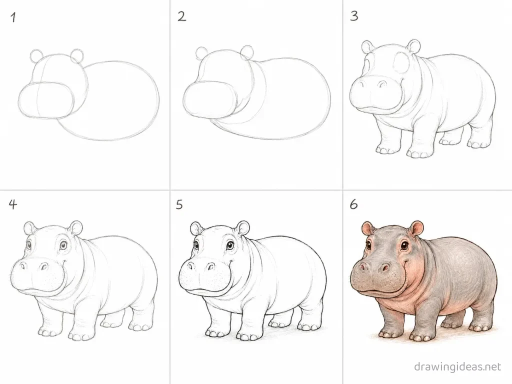 How to draw a hippo step by step — 6-step hippo drawing tutorial grid