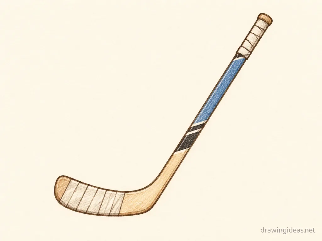 Hockey Stick drawing — hand-drawn hockey stick illustration with ink lines and soft colors