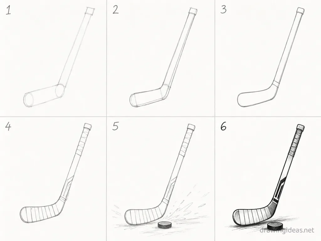 How to draw a hockey stick step by step — 6-step hockey stick drawing tutorial grid