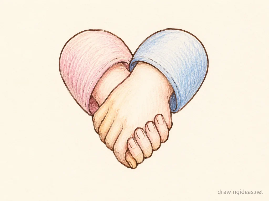 Holding Hands drawing — hand-drawn holding hands illustration with ink lines and soft colors