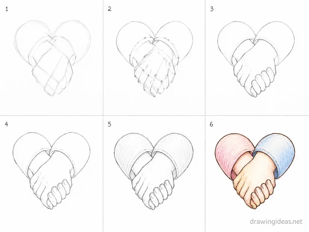 How to draw holding hands step by step — 6-step holding hands drawing tutorial grid