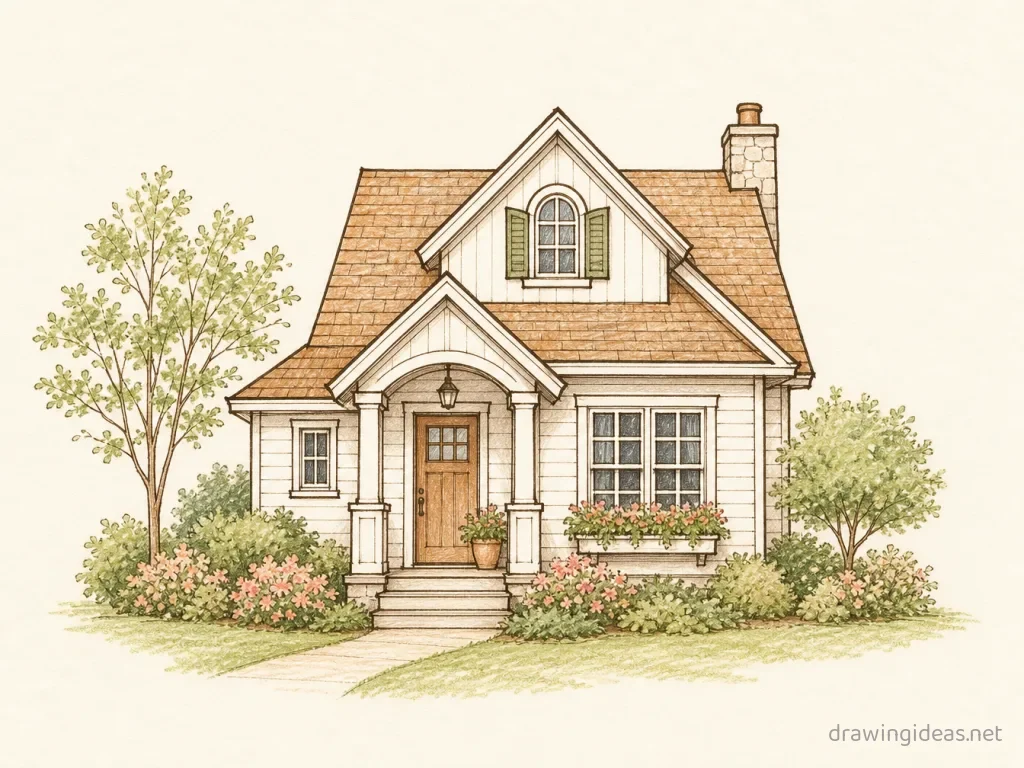 Home drawing — hand-drawn home illustration with ink lines and soft colors