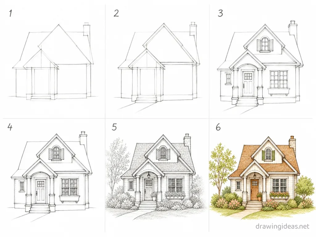 How to draw a home step by step — 6-step home drawing tutorial grid