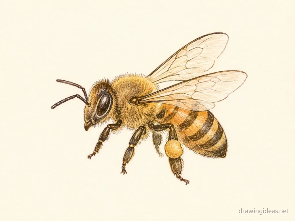 Honey Bee drawing — hand-drawn honey bee illustration with ink lines and soft colors