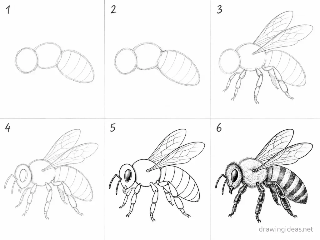 How to draw a honey bee step by step — 6-step honey bee drawing tutorial grid