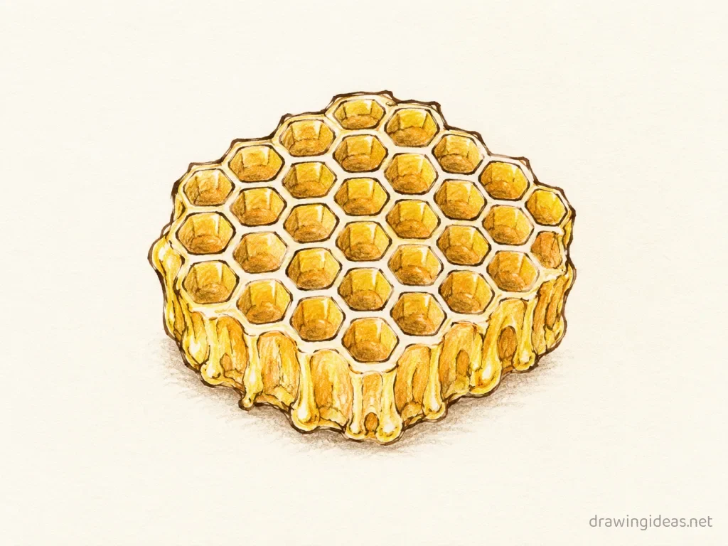 Honeycomb drawing — hand-drawn honeycomb illustration with ink lines and soft colors