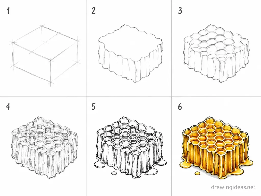 How to draw honeycomb step by step — 6-step honeycomb drawing tutorial grid
