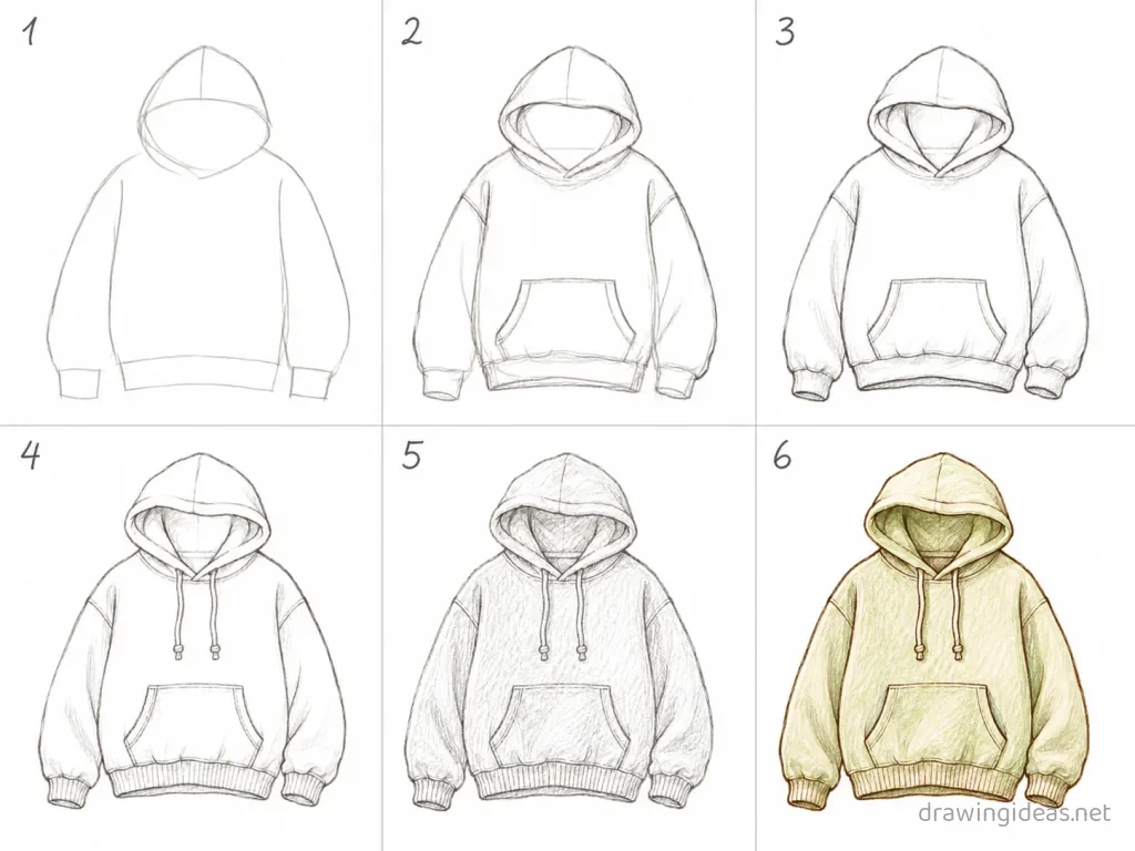 How to draw a hoodie step by step — 6-step hoodie drawing tutorial grid